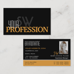 Carte De Visite Élégant noir orange simple Monogramme et photo