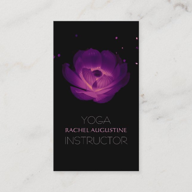 Carte De Visite Élégant Noir violet brillant Lotus Yoga Instructeu (Devant)
