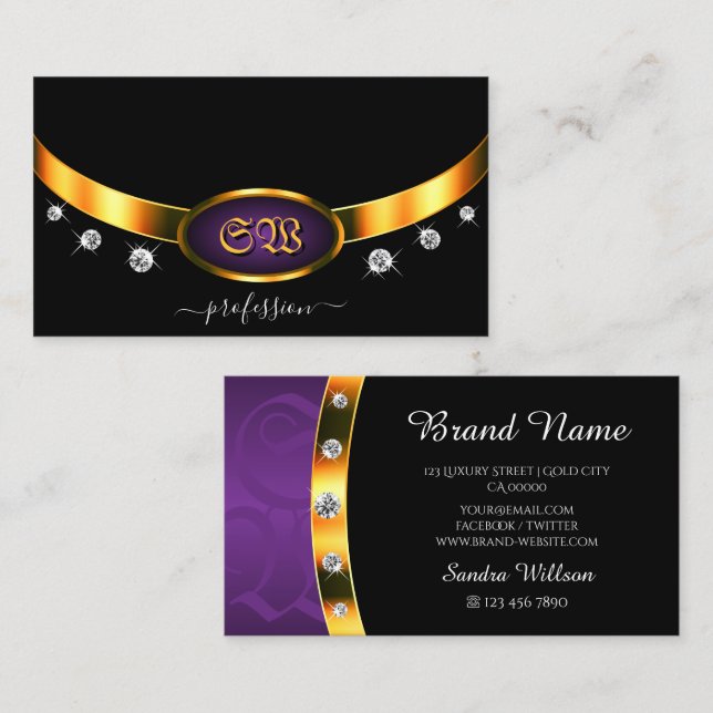 Carte De Visite Elégant noir violet or avec diamants Monogram (Devant / Derrière)