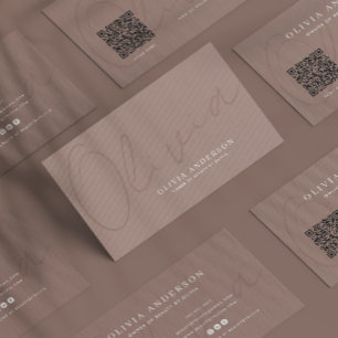 Carte De Visite Élégant Nom Manuscrit Gris Foncé, Code QR