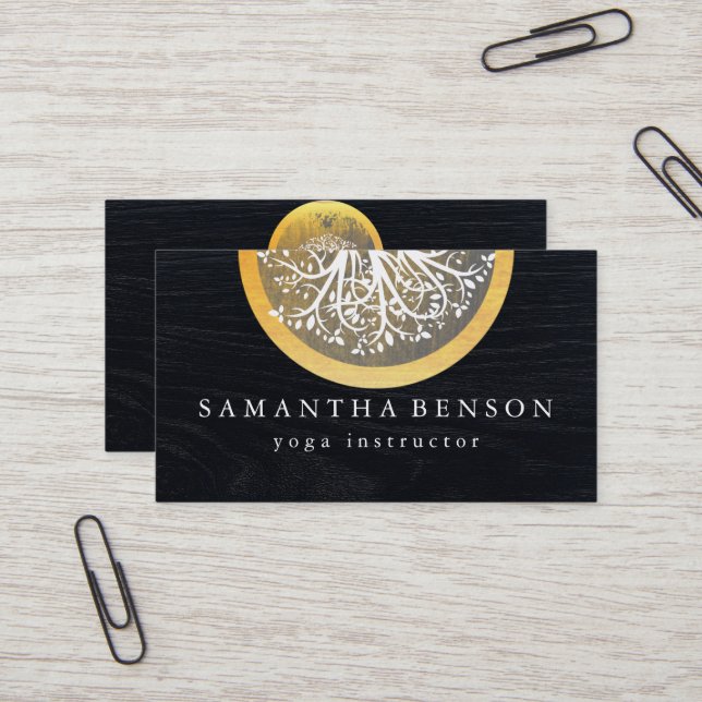 Carte De Visite Elégant or Aquarelle Arbre Yoga et méditation (Devant/Arrière en situation)