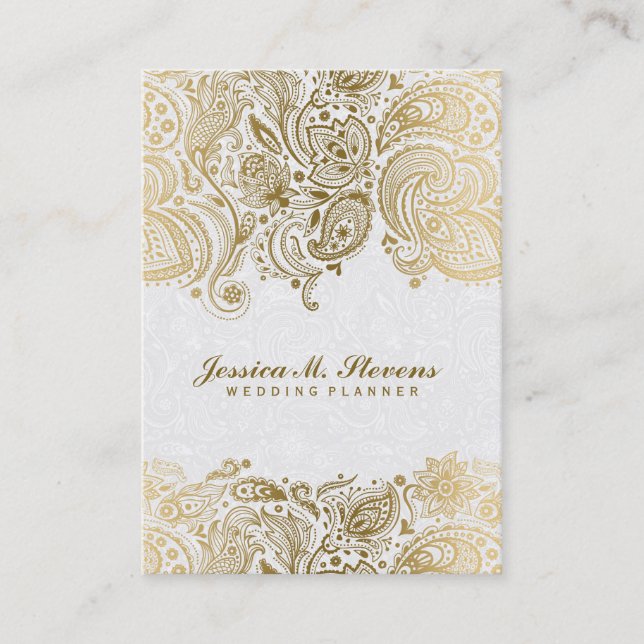 Carte De Visite Elégant Or Et Blanc Paisley 3 Wedding planner (Devant)