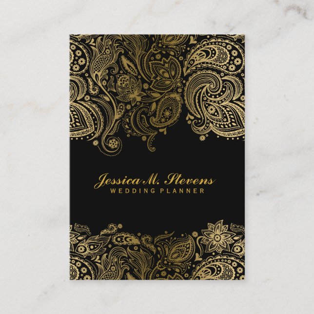 Carte De Visite Elégant Or Et Noir Paisley 3 Wedding planner (Devant)