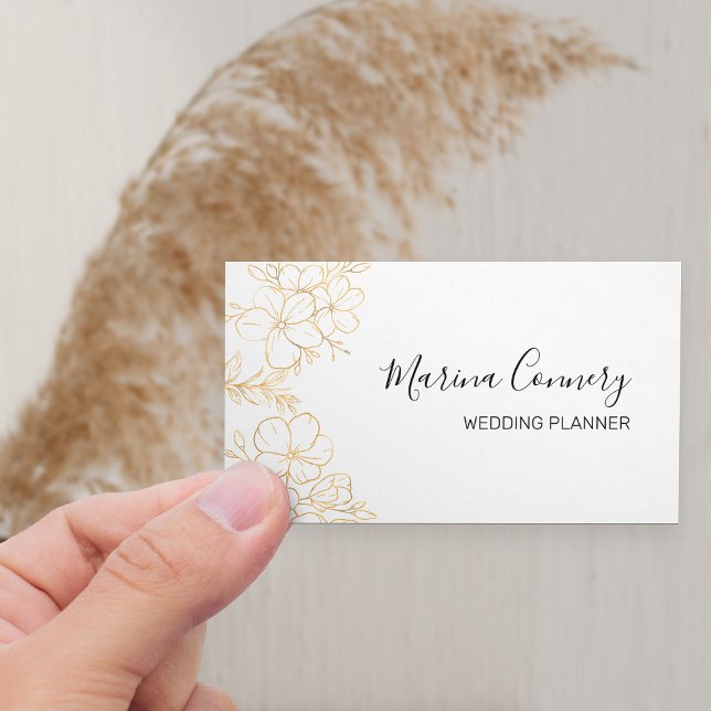 Carte De Visite Élégant or Floral Line Wedding planner de dessin (Horizontal Business Card with elegant gold flowers)