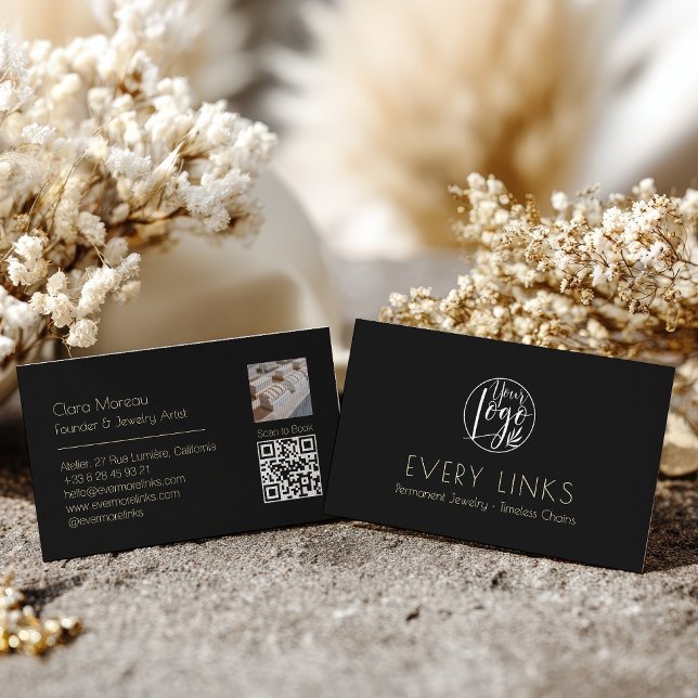 Carte De Visite Elégant or noir joaillerie permanente QR Code (Elegant Black gold Permanent Jewelry QR Code Business Card)