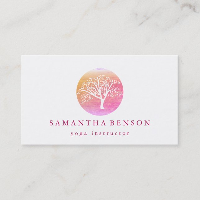 Carte De Visite Elégant or rose Aquarelle Arbre Yoga & Méditation (Devant)