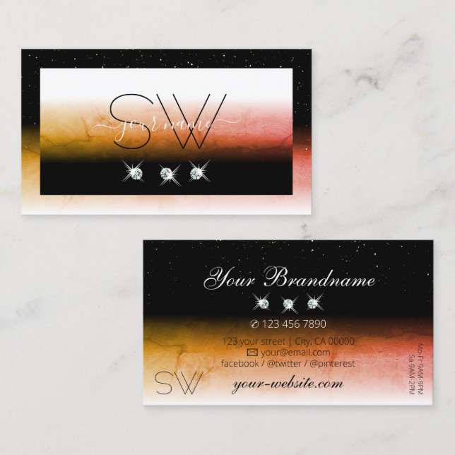 Carte De Visite Elégant Orange Marbré noir Blanc Bijoux Monogramme (Devant / Derrière)