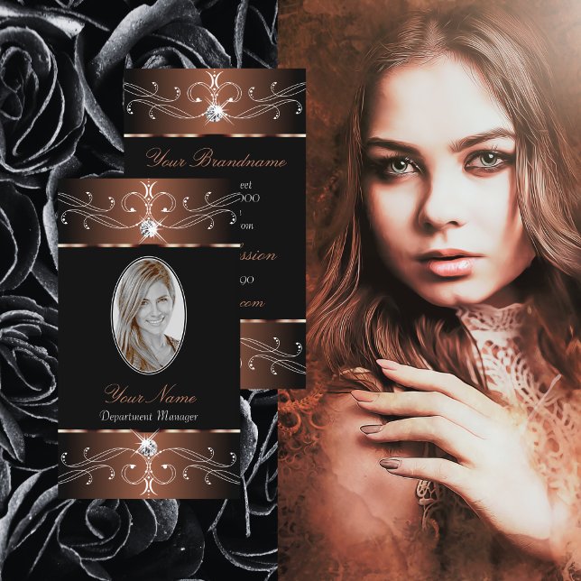 Carte De Visite Élégant ornement Brown noir avec photo (Créateur téléchargé)