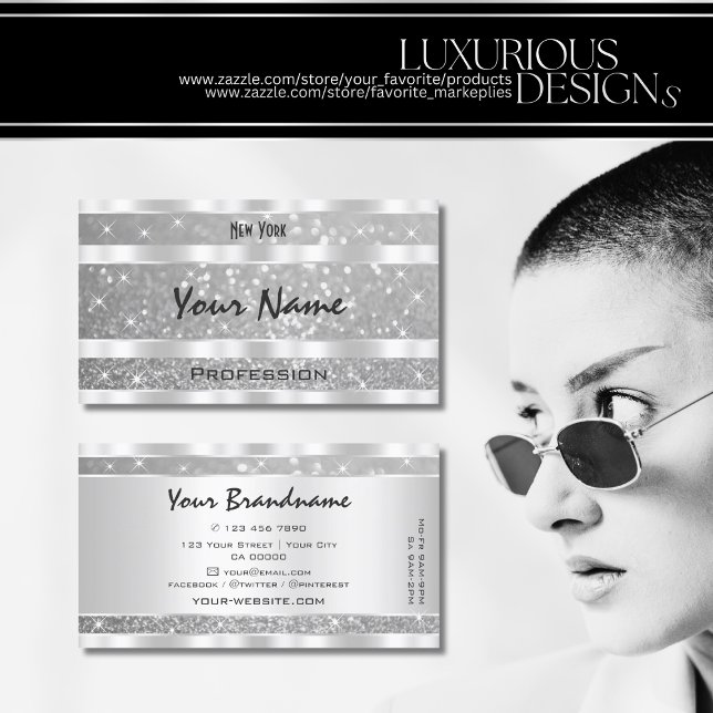 Carte De Visite Élégant Parties scintillant Argent Étoiles Étoiles (Créateur téléchargé)