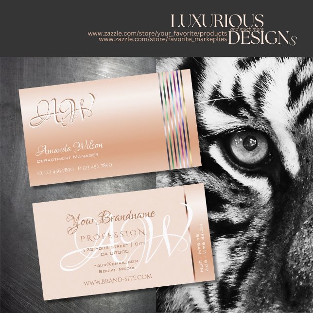 Carte De Visite Élégant Pastel Rose Coral Shimmer Stripes Monogram (Créateur téléchargé)