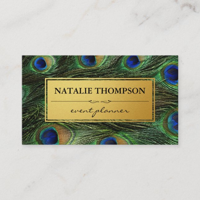 Carte De Visite Elégant Peacock Feathers Faux Metallic Gold (Devant)