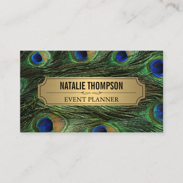 Carte De Visite Elégant Peacock Feathers Faux Metallic Gold (Devant)