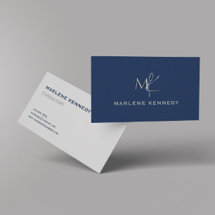 Carte De Visite Élégant Personnalisé Monogramme Argent Marine Bleu