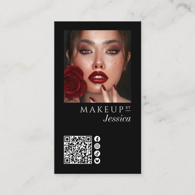 Carte De Visite Elegant Photo Black QR Code Social Icons Makeup (Devant)