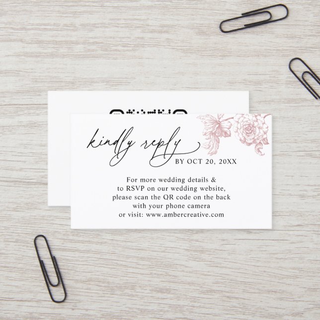 Carte De Visite Elegant Pink Floral QR code Wedding RSVP Small  (Devant/Arrière en situation)