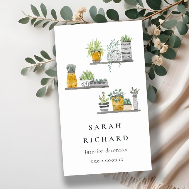 Carte De Visite Elégant Plante à pots Maison Aquarelle Botanique (Créateur téléchargé)