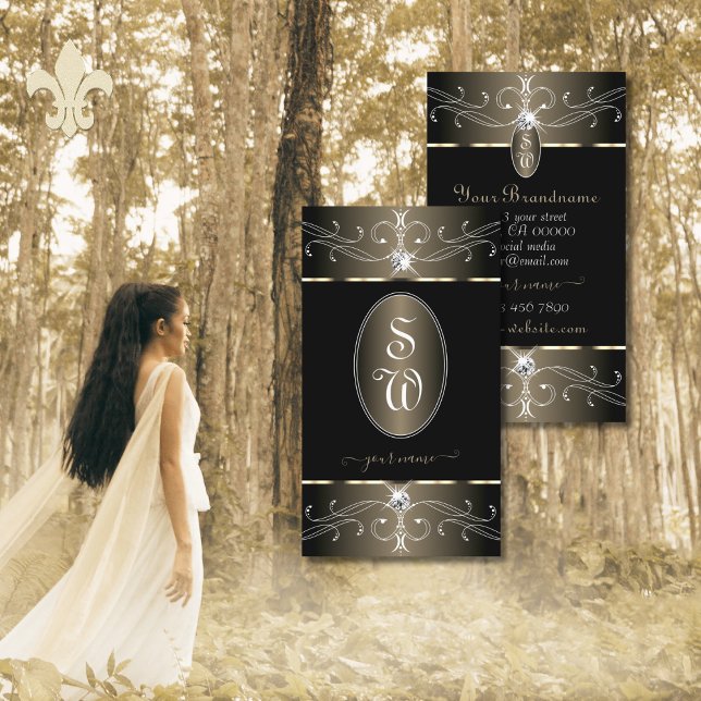 Carte De Visite Élégant Platine Noir Ornat Ornat Initiales (Créateur téléchargé)