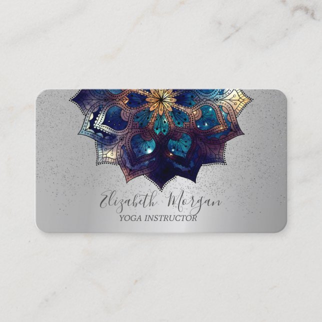Carte De Visite Élégant professionnel Mandala Silver Confetti Yoga (Devant)