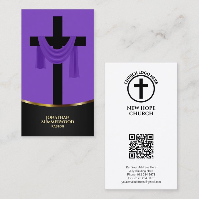 Carte De Visite Élégant Purple Christian Pastor Cross & QR Code (Devant / Derrière)