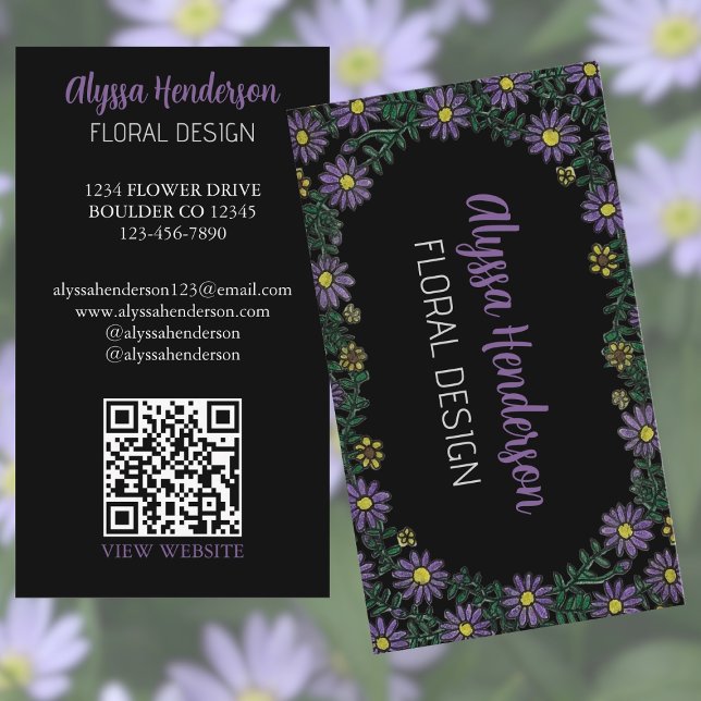 Carte De Visite Elegant Purple & Yellow Floral QR Code Florist (Créateur téléchargé)