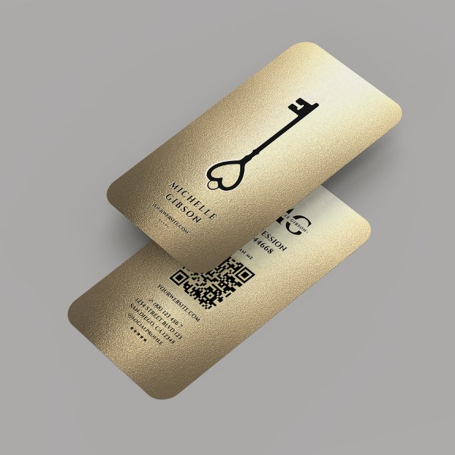 Carte De Visite Élégant Realtor Moderne Clé Monogramme Faux Or (Elegant Modern Realtor Gold Black Key Monogram Business Card
)