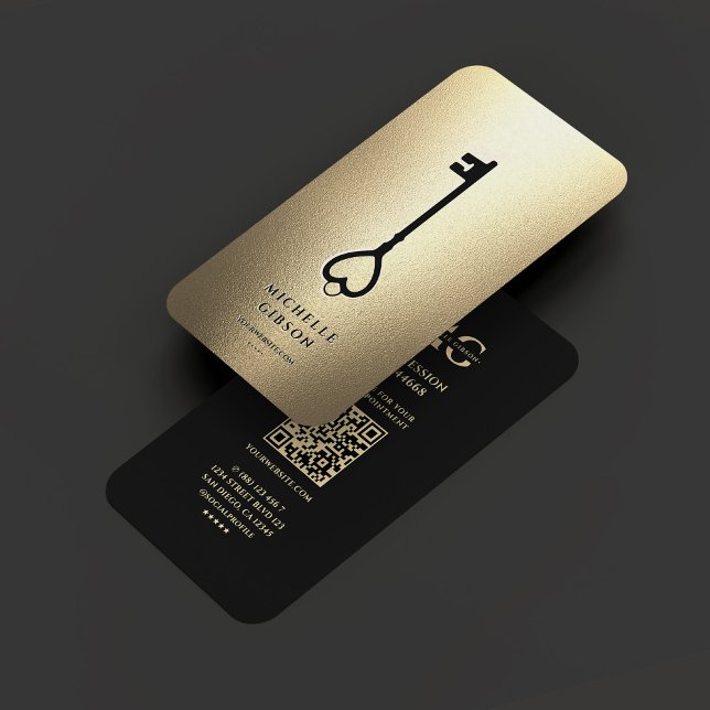 Carte De Visite Élégant Realtor Monogram Clé d'or noir Moderne (Elegant Realtor Monogram Black Gold Key Modern Business Card
)