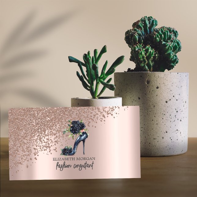 Carte De Visite Élégant Rose Diamants d'or, Noir hauts talons Rose (Créateur téléchargé)