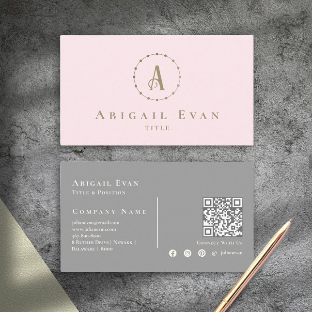 Carte De Visite Élégant rose et gris Parties scintillant or Monogr (Elegant Blush Pink and Gray Glitter Gold Monogram Business Card)
