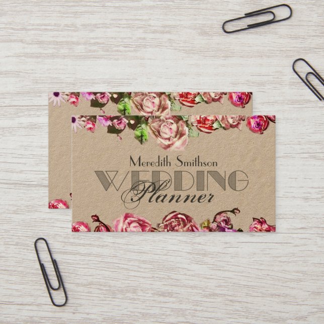 Carte De Visite Élégant Rose Floral Wedding planner professionnel (Devant/Arrière en situation)