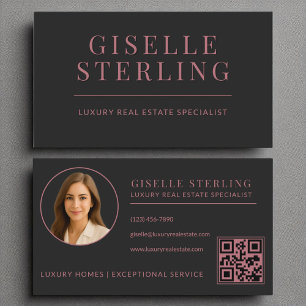 Carte De Visite Elégant Rose Gold Black Real Estate Agent QR Code