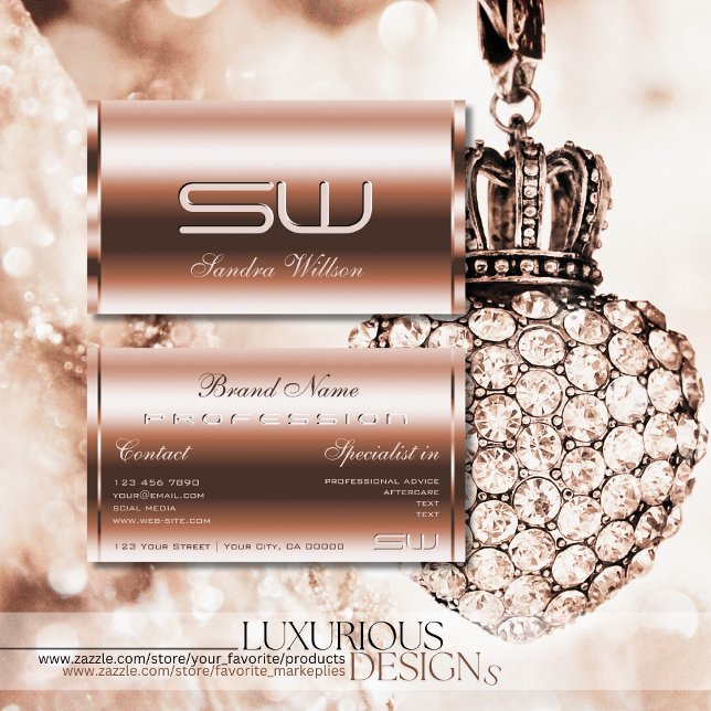 Carte De Visite Elégant Rose Gold Effet Faux 3D Optics Monogramme (Créateur téléchargé)