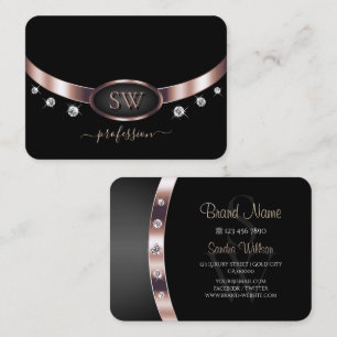Carte De Visite Elégant Rose Gold et Noir Initiales Rhinestones