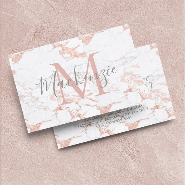 Carte De Visite Elegant rose Gold Foil | White Marble | monogram (Elegant Rose Gold Foil | White Marble | Monogram Business Card)