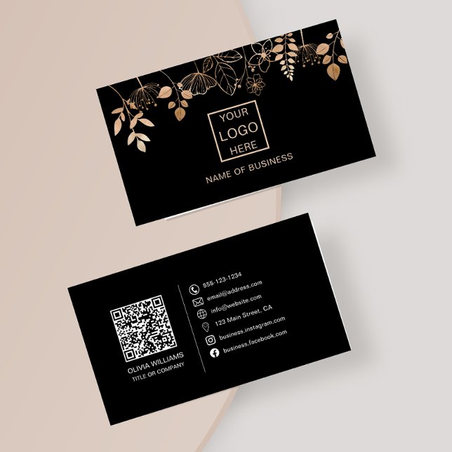 Carte De Visite Elégant Rose Gold Leaf QR Code Social Media Icônes (Créateur téléchargé)