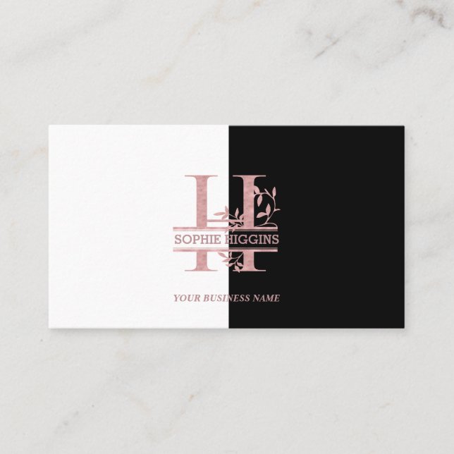 Carte De Visite Élégant Rose Gold Split Custom Monogramme Lettre H (Devant)