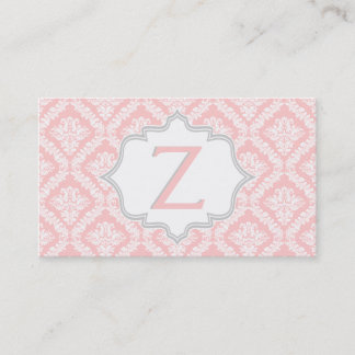 Carte De Visite Élégant rose, gris, ivoire damassé modèle monogram