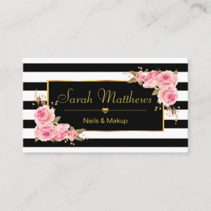 Carte De Visite Elégant Rose rayé Coiffeur Salon Or Coeur