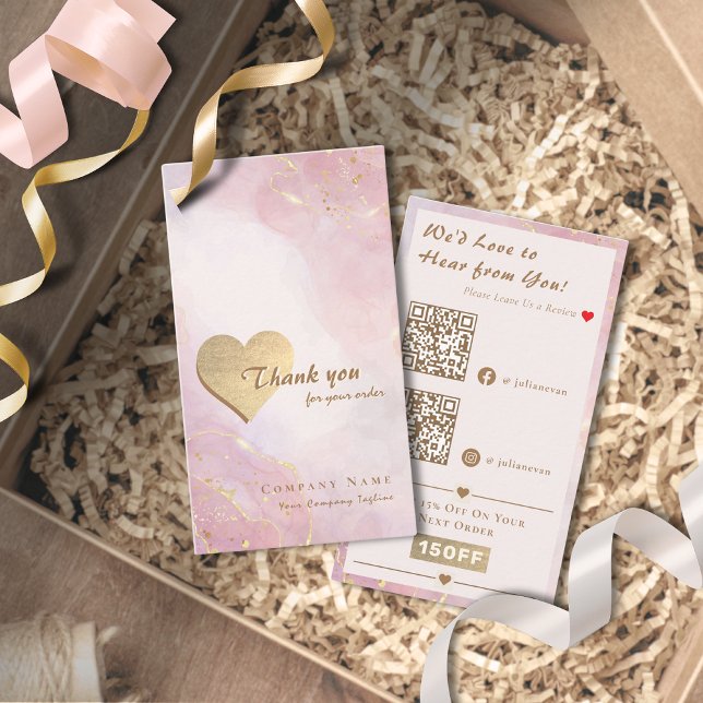 Carte De Visite Elégant Rose Rose Gold Coeur QR Code Merci (Elegant Pink Rose Gold Heart QR code Thank you Card for Business)