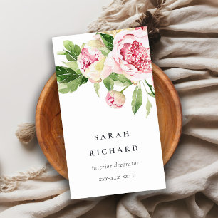 Carte De Visite Elégant rose rose vert Aquarelle Peony Floral