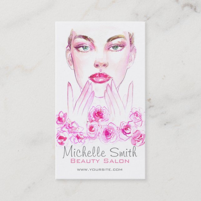 Carte De Visite Elégant rose Roses Floral Aquarelle Beauté Salon (Devant)