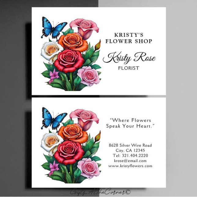 Carte De Visite Élégant Rose rouge orange fleuriste papillon (Créateur téléchargé)