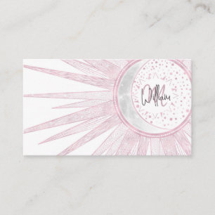 Carte De Visite Elégant rose Sun Moon Doodle Mandala White Design