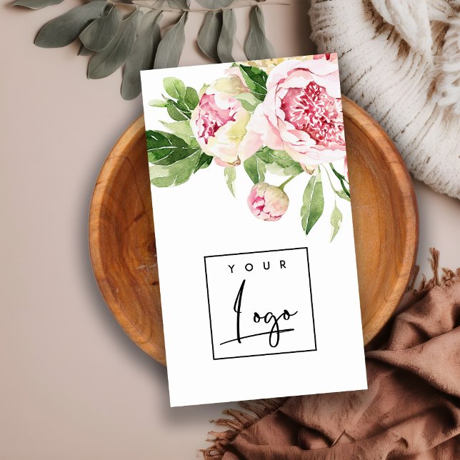 Carte De Visite Élégant rose vert Aquarelle Peony Logo Floral (Créateur téléchargé)