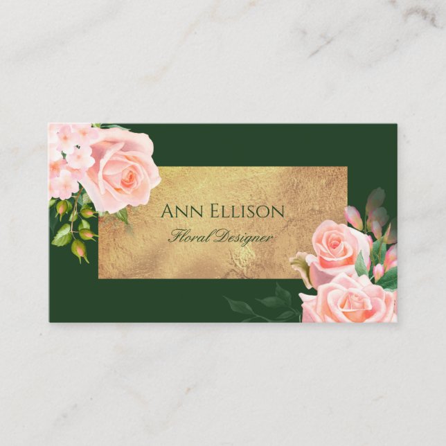 Carte De Visite Élégant Roses Fleurs Rose Vert Or (Devant)
