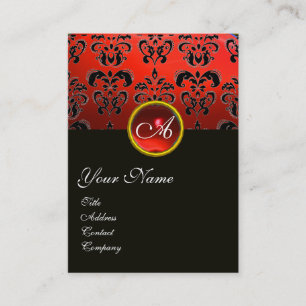 CARTE DE VISITE ÉLÉGANT ROUGE BLACK DAMASK RUBY GEMSTONE MONOGRAM