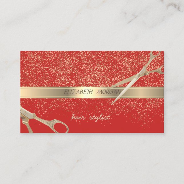Carte De Visite Élégant, Rouge, Confetti Or, Ciseaux (Devant)