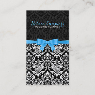 Carte De Visite Élégant ruban bleu noir et blanc Damas 2b