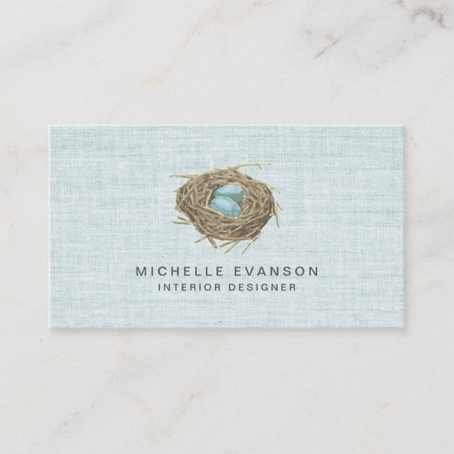 Carte De Visite Elegant Rustic Bird Nest Pastel Blue Linen (Devant)