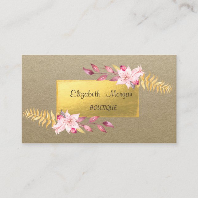 Carte De Visite Élégant Rustique, Kraft, Or, Fleurs (Devant)