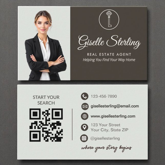 Carte De Visite Elegant Sage Green Photo Agent immobilier QR Code (Créateur téléchargé)